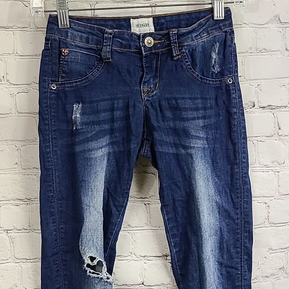Hudson Girls Skinny Fit Jegging Stretch Distressed Denim Holey Dark Blue Jeans - Picture 2 of 7